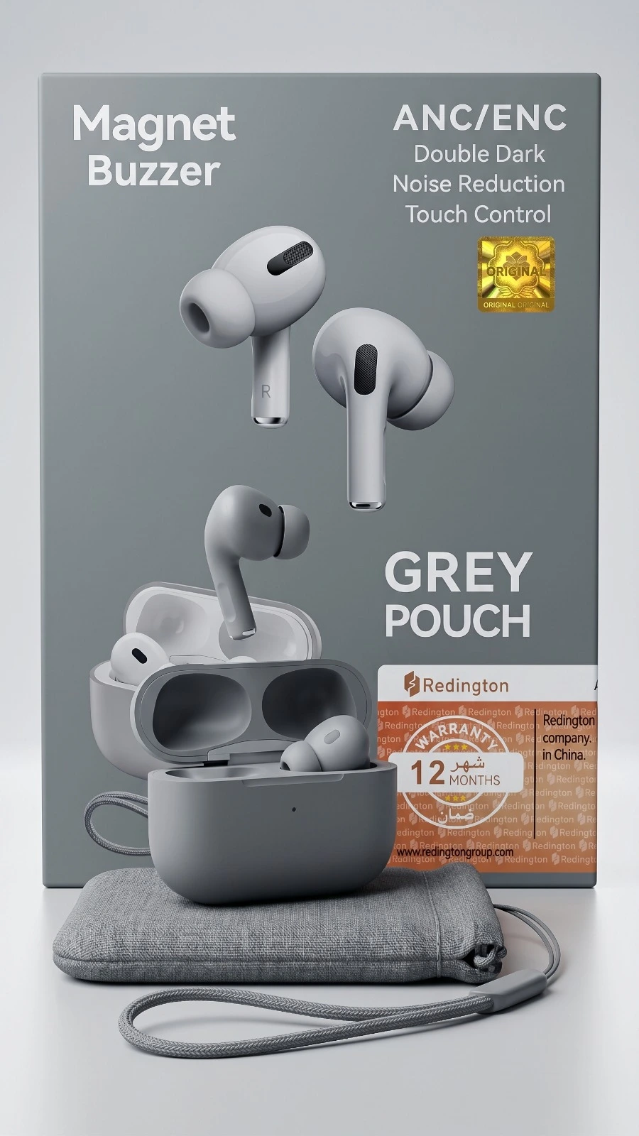 Magnet Buzzer TWS Wireless Earbuds (ANC/ENC, Grey Pouch Edition)
